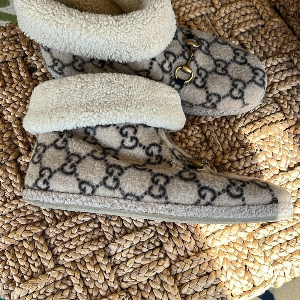 Gucci Beige GG Shearling Horsebit Boots